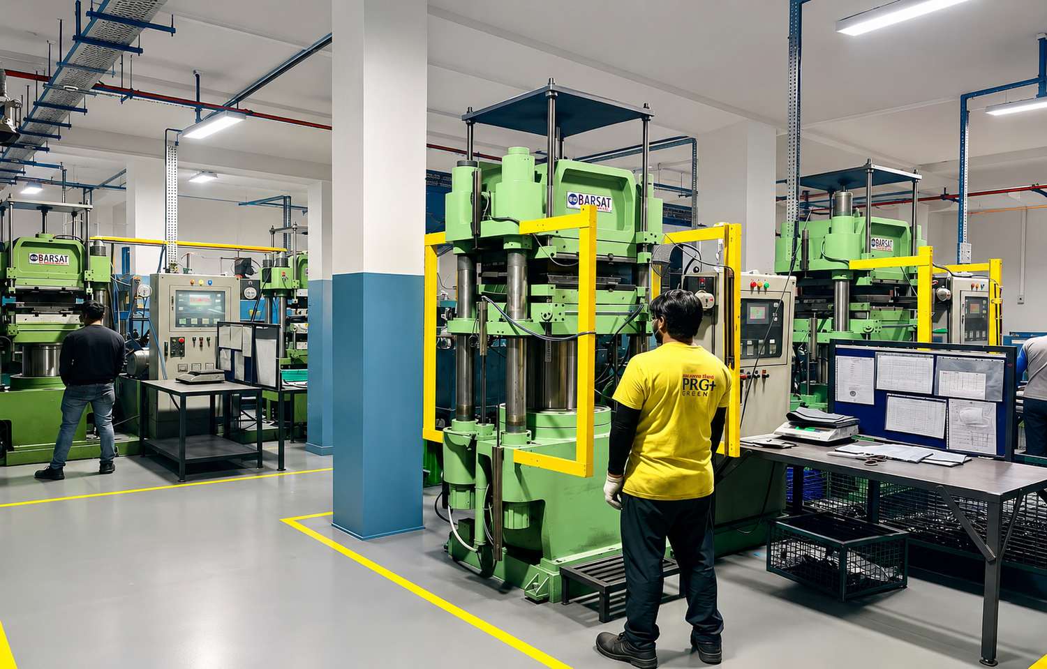 Compression moulding shop floor with hydraulic presses in operation