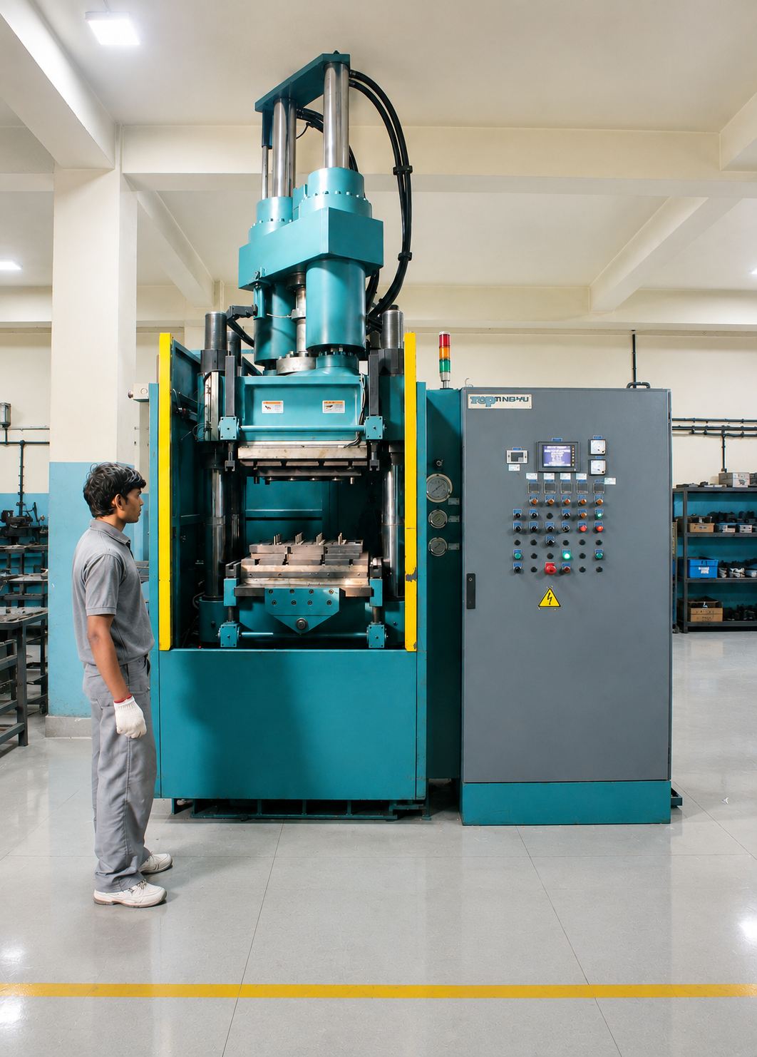 Rubber injection moulding machine with mould open