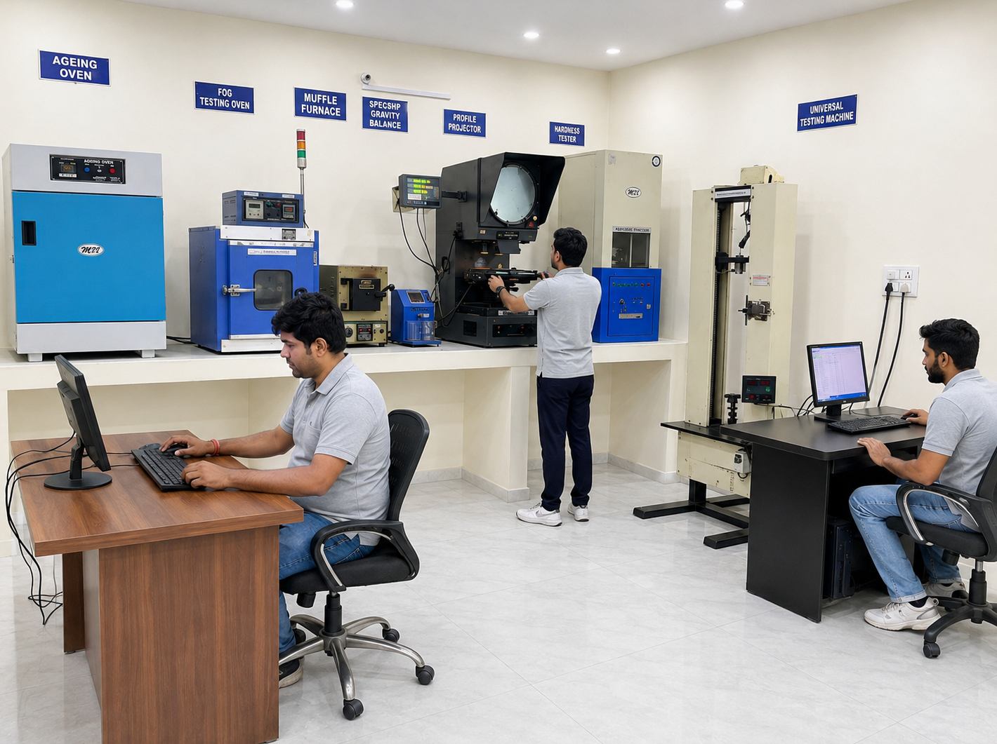 In-house testing laboratory — ageing oven, fog testing oven, muffle furnace, specific gravity balance, profile projector, hardness tester and universal testing machine