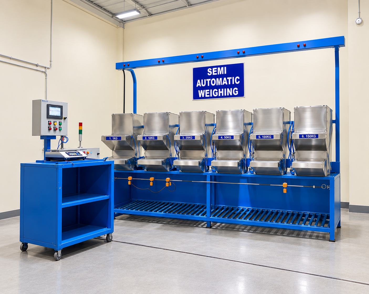 Semi-automatic weighing station with labelled chemical hoppers
